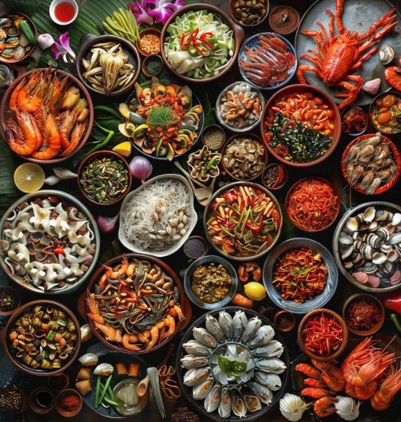 Overhead view of many colorful dishes with seafood, meats, and vegetables arranged in bowls on dark background
