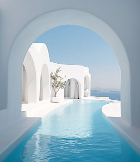 White arched architecture frames turquoise infinity pool with ocean view and potted plant