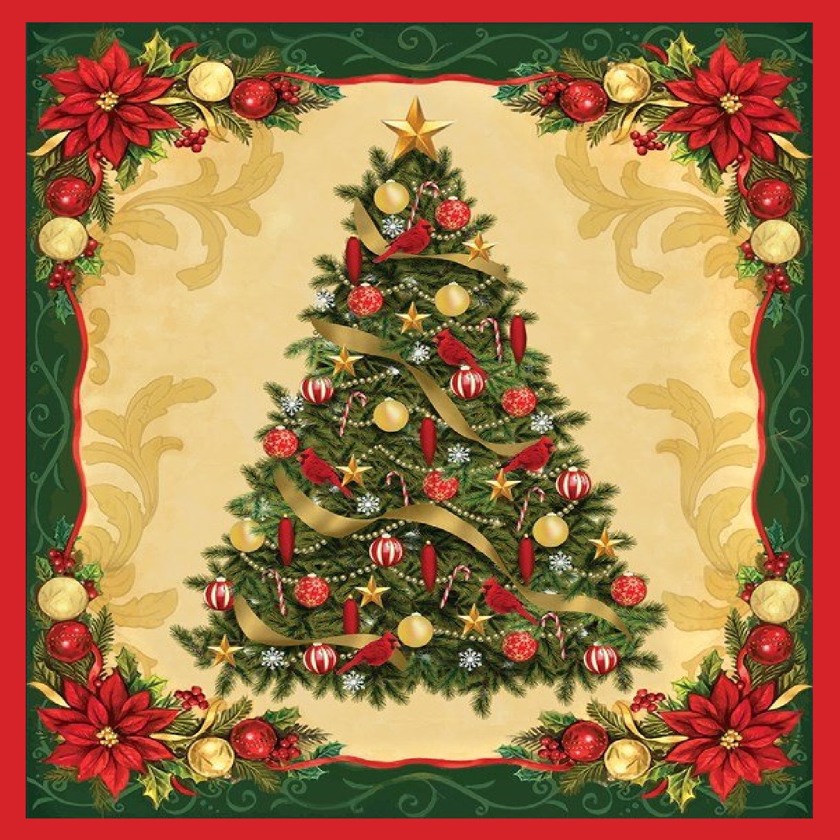 Decorated green Christmas tree with red ornaments and ribbons, surrounded by poinsettia and holly border