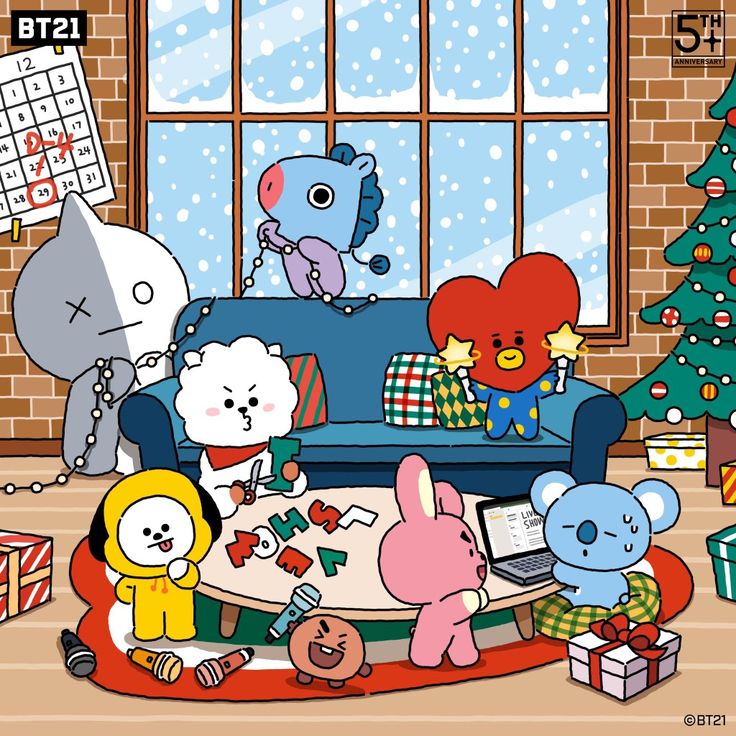 BT21 cartoon characters in a cozy room with gifts, a Christmas tree, and snowy windows