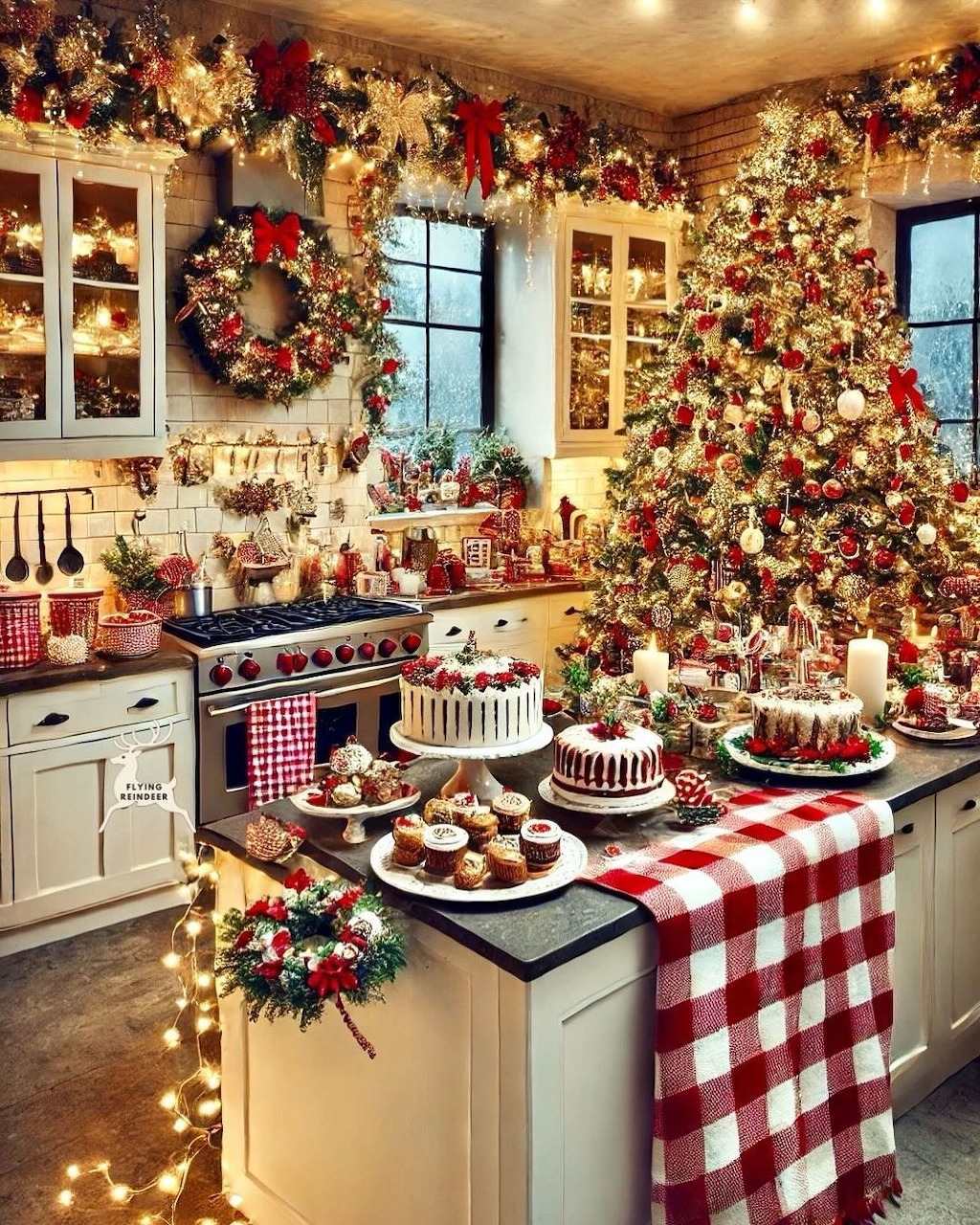 Cozy kitchen decorated for Christmas with a lit tree, wreaths, fairy lights, and a spread of holiday cakes.