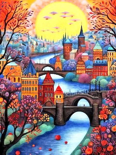 Vibrant illustrated town with bridge over river, autumn foliage, and warm sunset