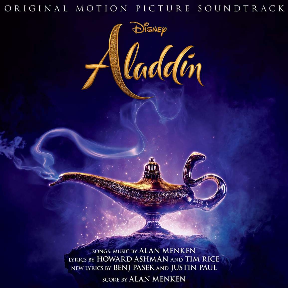 Aladdin movie soundtrack cover with ornate golden magic lamp on purple starry background
