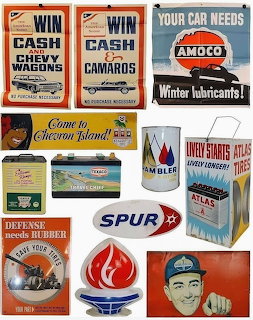 Grid of vintage car-related advertisements and product packaging from various automotive brands
