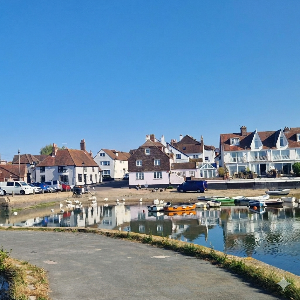Boats in a quiet harbor with waterfront houses and blue sky