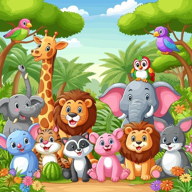 Cartoon zoo animals grouped together in a colorful jungle scene with trees and blue sky