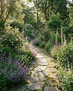 Winding stone path through a lush cottage garden with purple flowers and green foliage under tree canopy