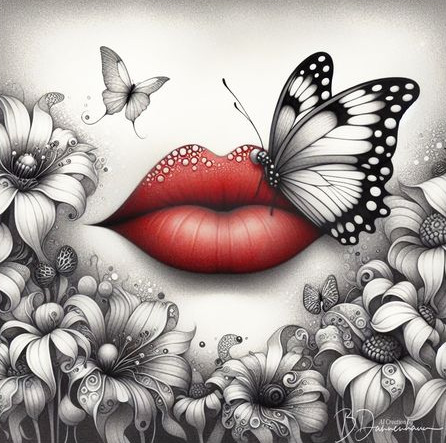 Red lips with a black and white butterfly perched on them, surrounded by monochrome flowers