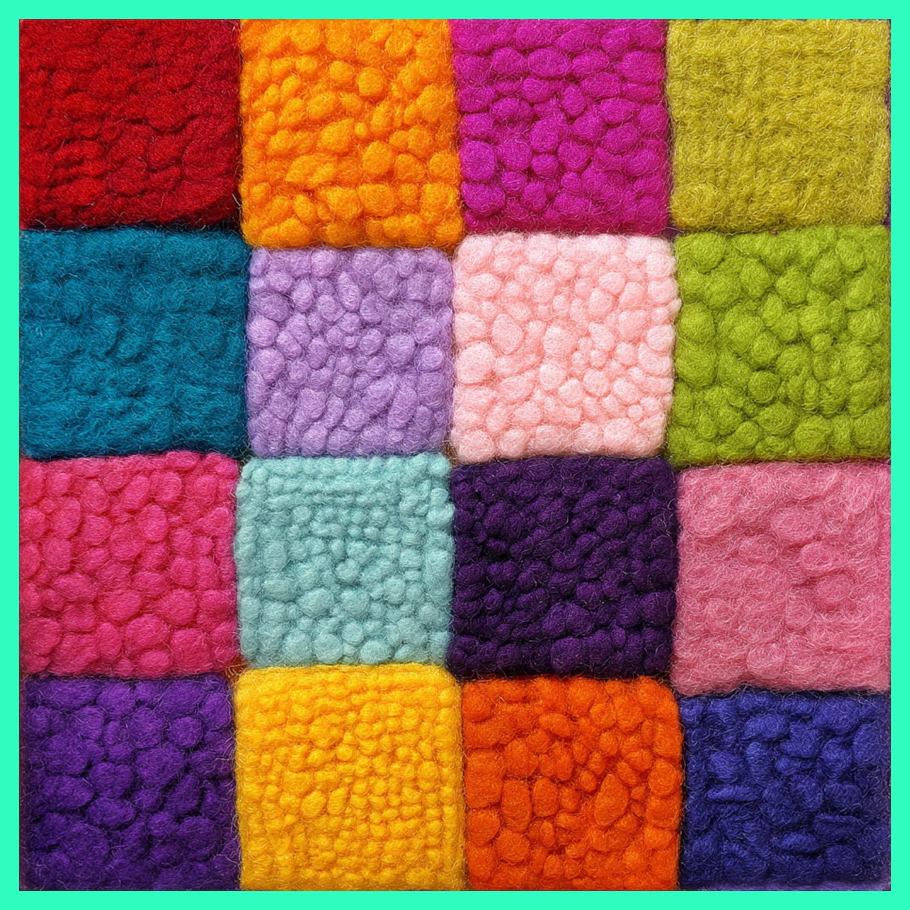 Grid of colorful textured yarn squares in various bright colors arranged in rows