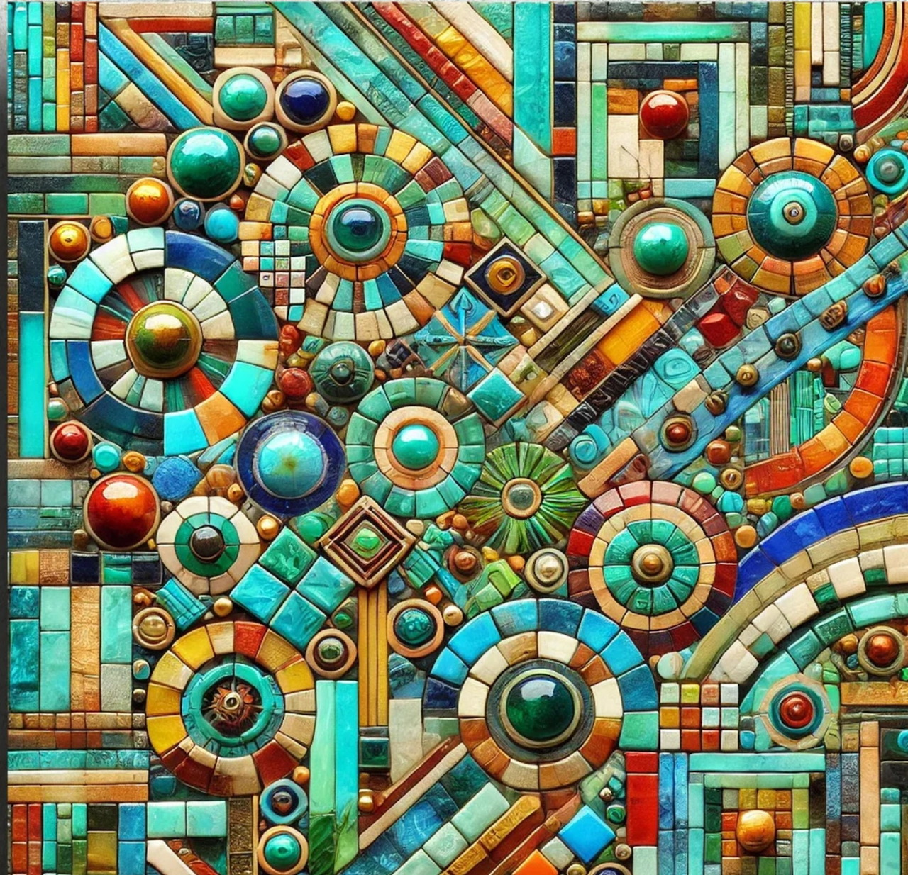 Colorful abstract geometric art with circles, spheres, and tiled patterns in turquoise, orange, and warm tones