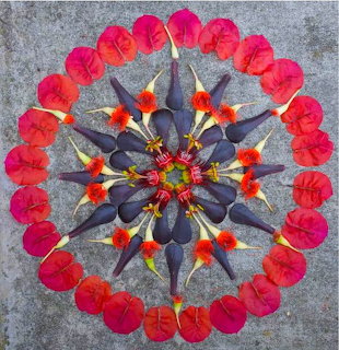 Circular flower mandala with red poppies and dark leaves arranged symmetrically on gray stone surface