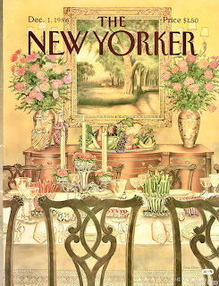 Vintage illustration of a dining table with flowers, candles, and glassware in an elegant interior