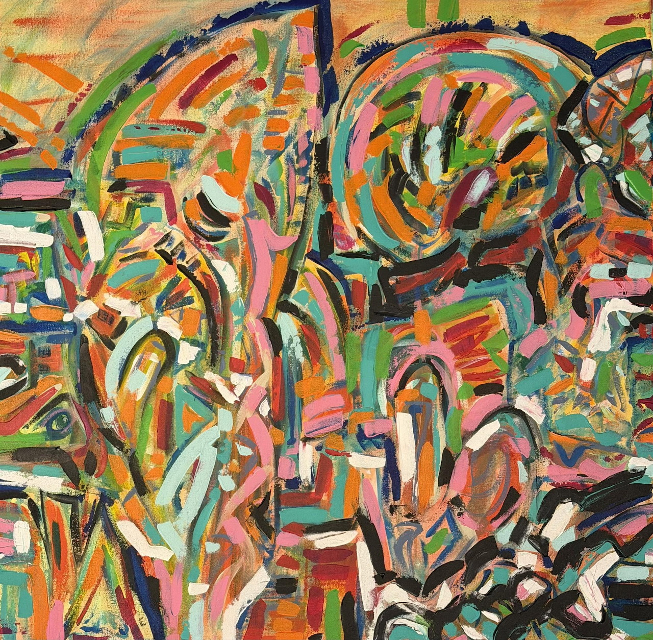Abstract painting with colorful swirling brushstrokes in orange, green, blue, and pink