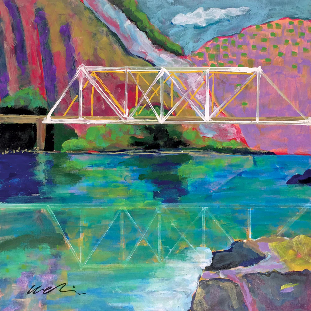 Colorful impressionist painting of a steel bridge over turquoise river with mountains