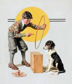 Vintage illustration of a boy with a hoop tempting a seated dog beside a box and plate of meat