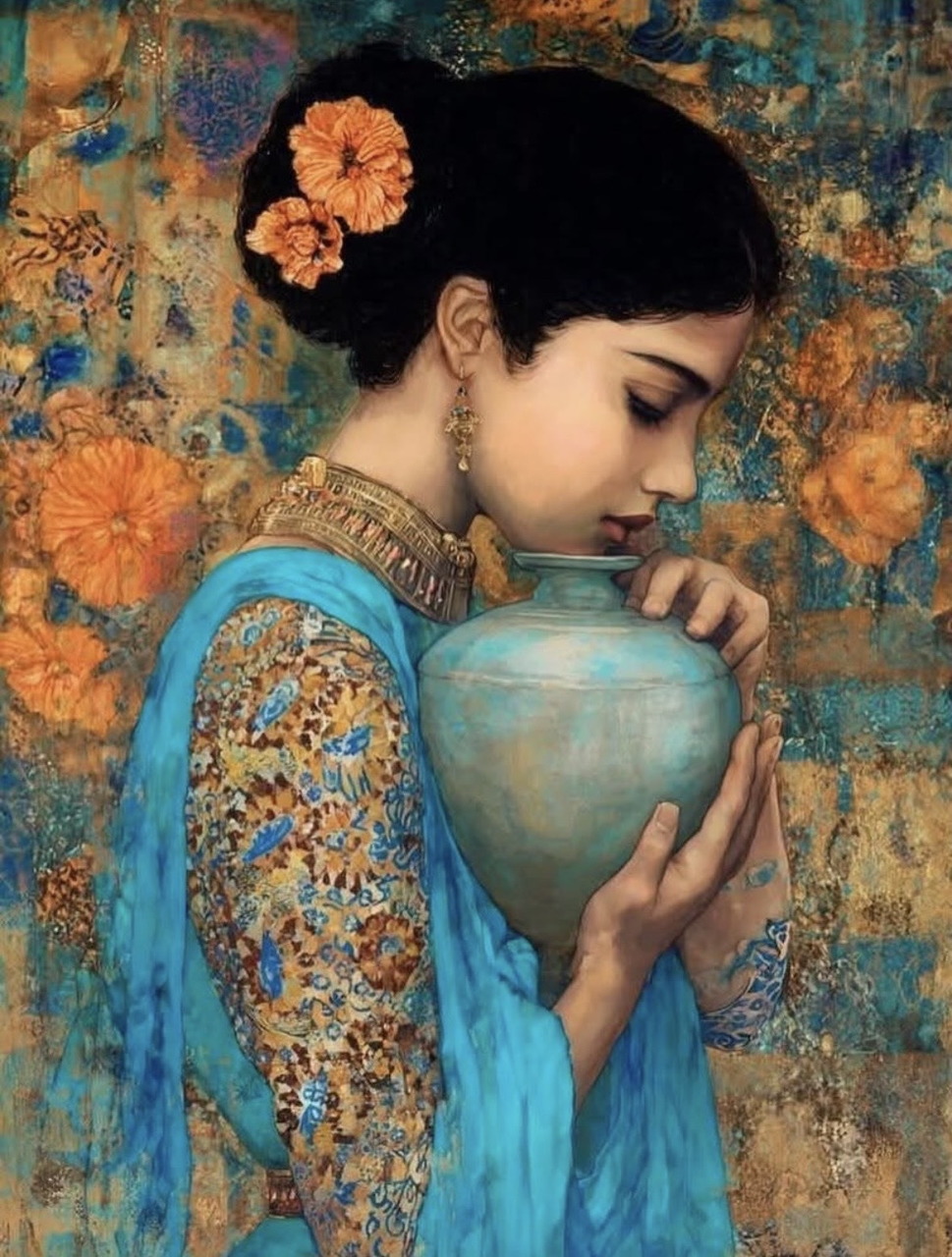 Woman Holding Blue Vase