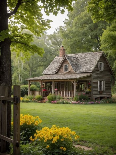 Rustic wooden cottage with covered porch surrounded by green trees and flower gardens