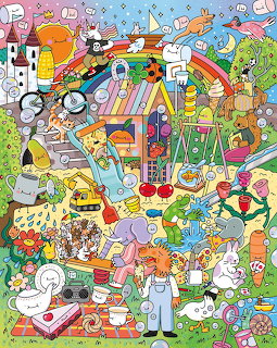Busy cartoon scene with playground, rainbow slide, animals, children, and colorful objects in whimsical garden setting