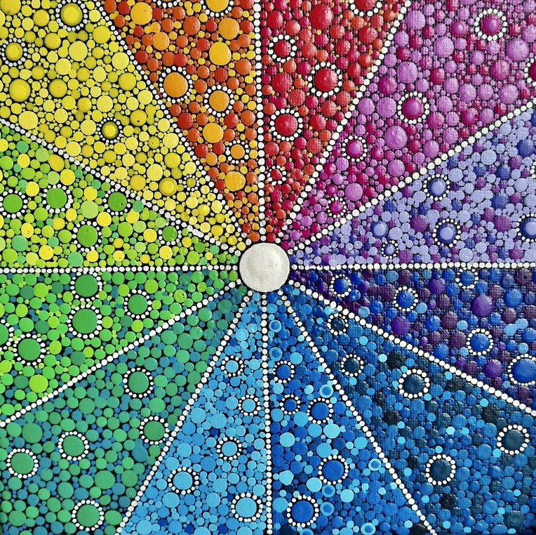 Colorful mandala with rainbow sections filled with painted dots radiating from white center