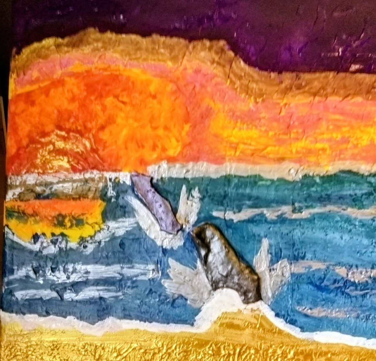 Abstract painting of an ocean sunset with orange sky, blue water, and textured brushstrokes