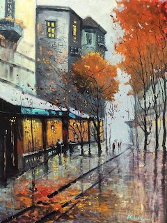 Painting of a rainy street with autumn trees, reflective pavement, and warmly lit buildings