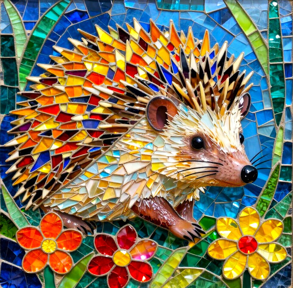 Mosaic hedgehog with multicolored spines and flowers on blue background