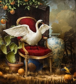 Painting of a white swan on a red velvet chair with cactus, oranges, blue vase, and orange tree