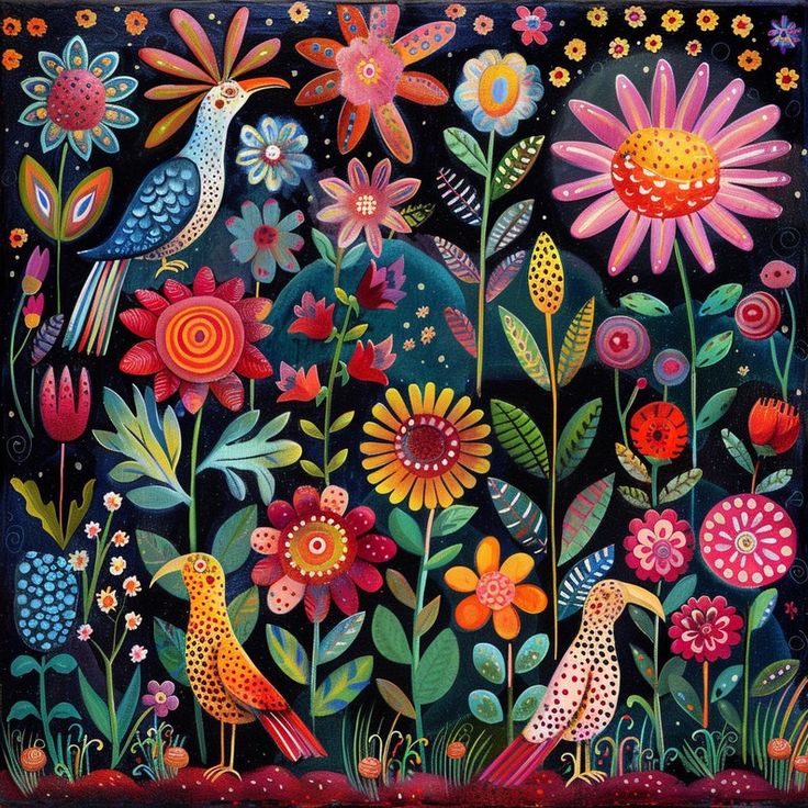 Folk art illustration with colorful birds among vibrant flowers and foliage on dark background
