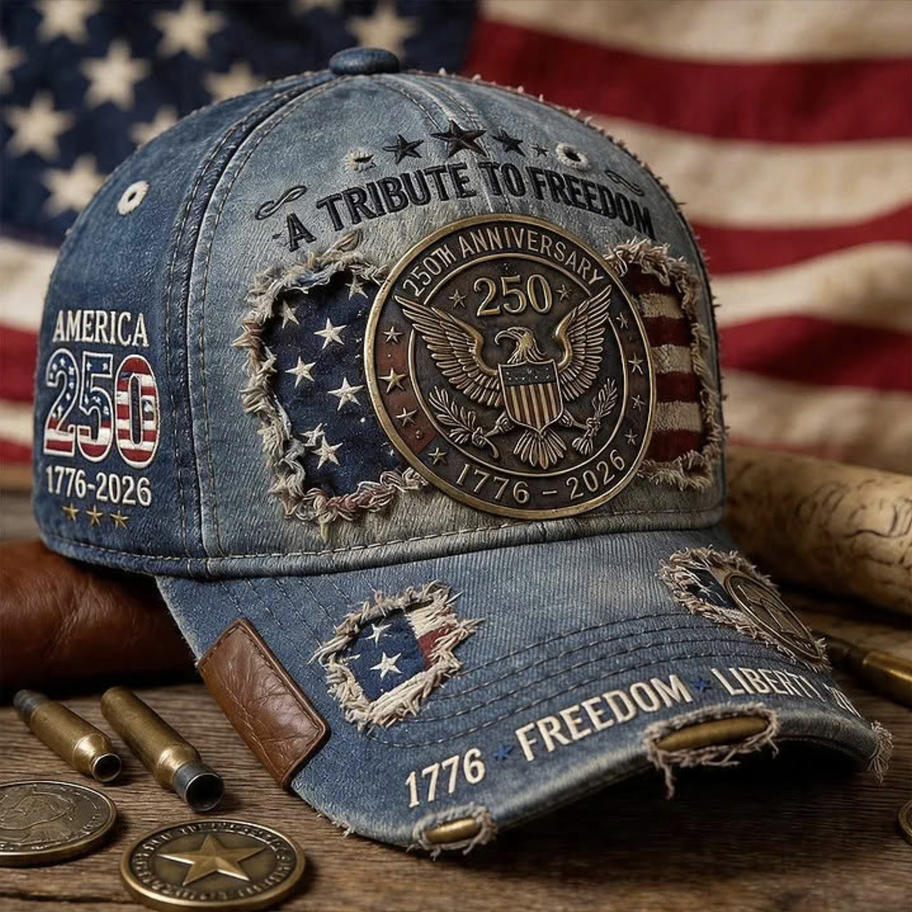 Blue distressed patriotic hat with 250th anniversary embroidery in front of an American flag