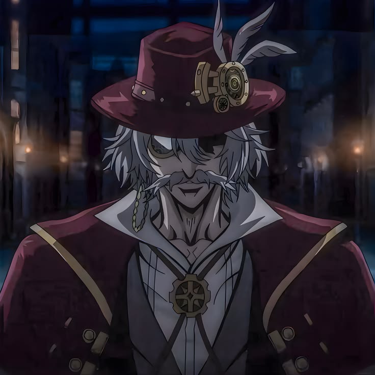 Anime man with white hair and curled mustache wearing a burgundy hat and coat indoors