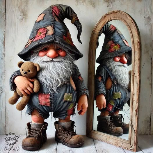 Garden gnome with white beard holding teddy bear next to mirror