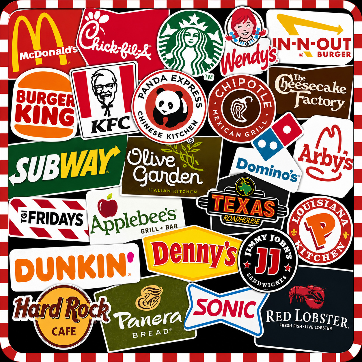 Collage of various restaurant brand logos including McDonald's, Starbucks, KFC, Burger King, and other dining chains