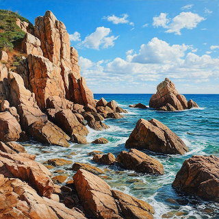 Rocky coastal cliffs and boulders beside blue ocean waves under a partly cloudy sky