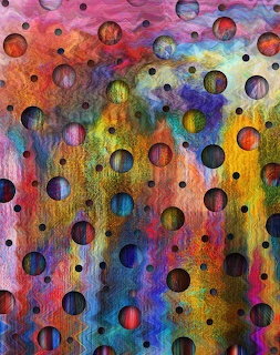 Abstract painting with colorful circles and bubbles over rainbow vertical drips on textured background