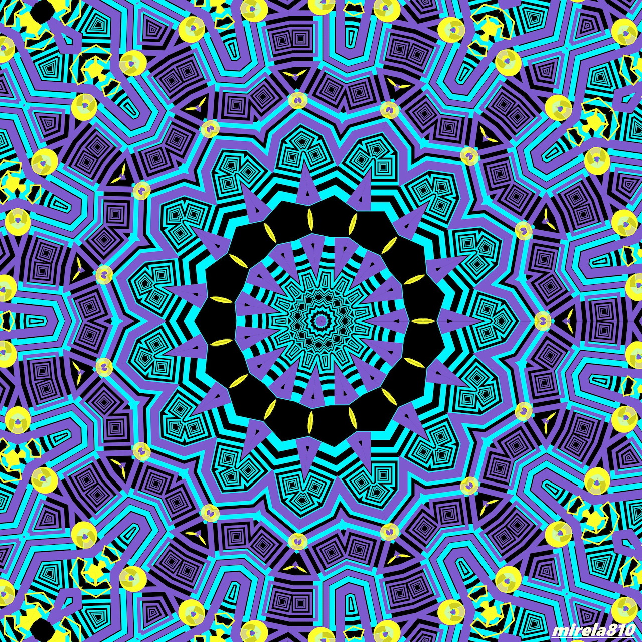 Colorful symmetrical mandala with intricate geometric patterns in blue, purple, green, and yellow