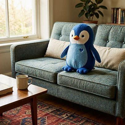 Blue penguin plush toy sitting on a gray sofa in a cozy living room