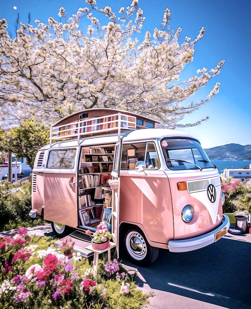 Pink VW van bookstore under cherry blossoms with mountain view