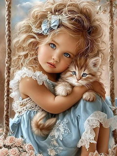 AI-illustrated young girl with curly blonde hair in a blue dress hugging a fluffy kitten