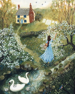 Woman in blue dress gathering flowers in garden with cottage and swans