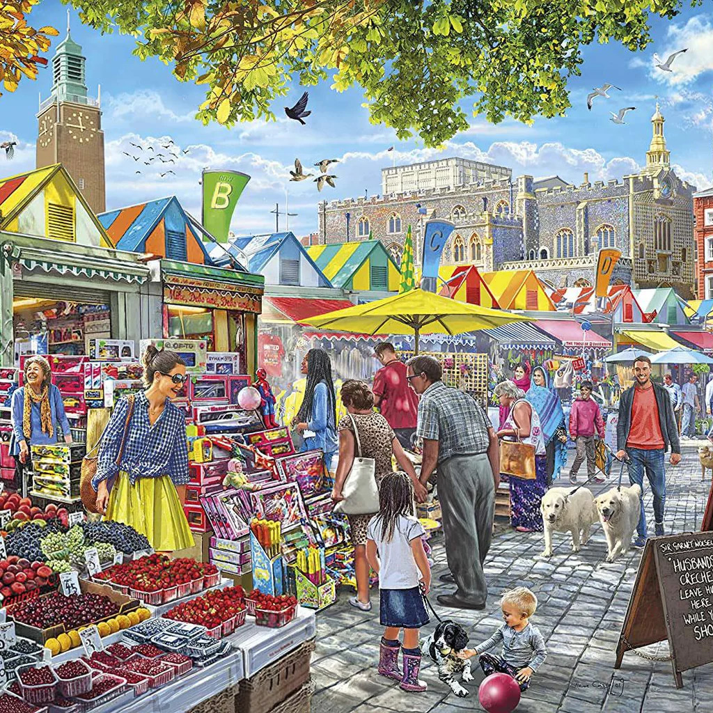 Busy village market with people browsing stalls, colorful awnings, and traditional English buildings in background