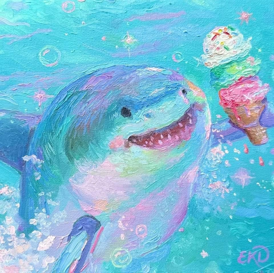 Pastel painting of a smiling shark underwater next to colorful ice cream cones