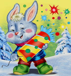 Cartoon rabbit in striped sweater standing in snow with festive trees