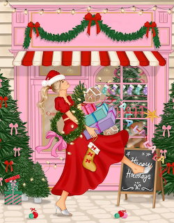 Illustration of a woman in red dress carrying Christmas gifts and tree outside a festive pink storefront