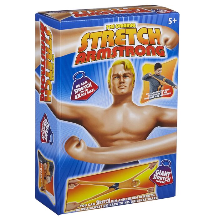 Vintage Stretch Armstrong toy box with character illustration on blue packaging