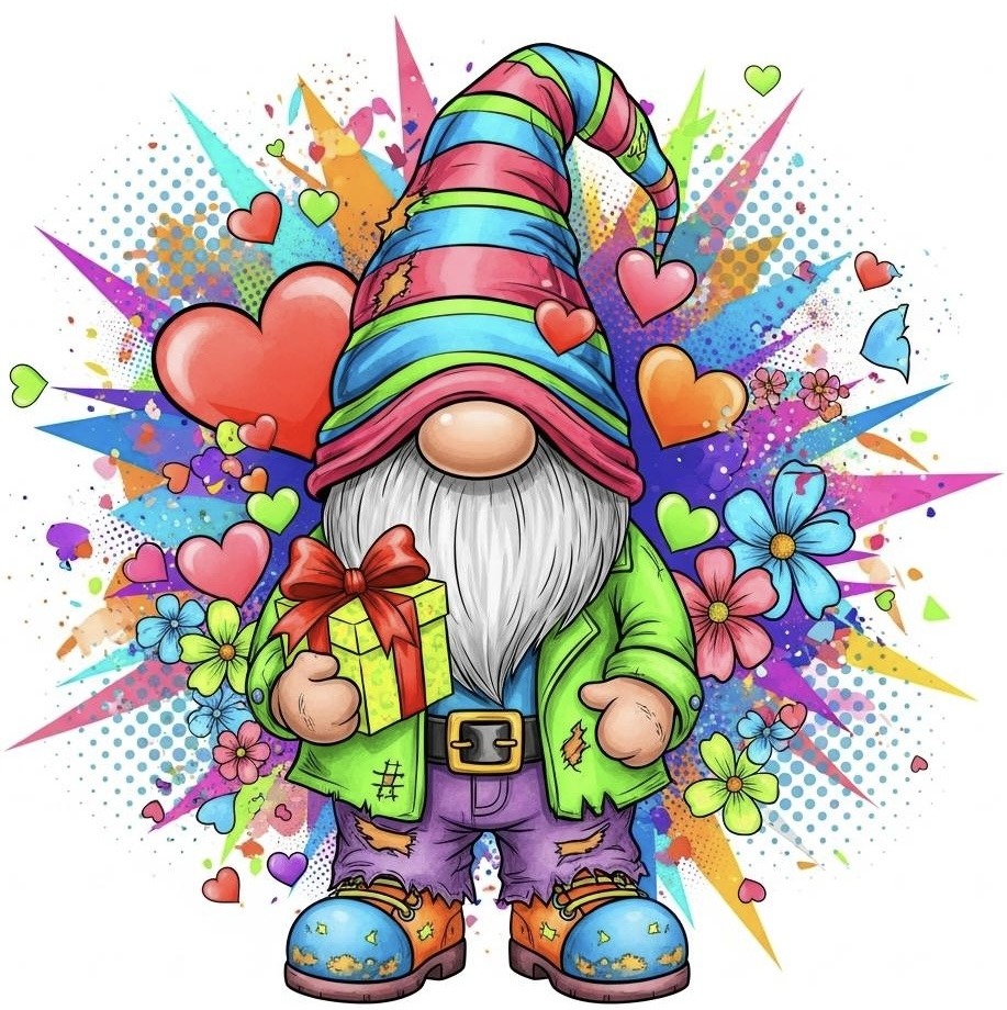 Cheerful gnome character with long white beard, rainbow hat, holding gift box amid colorful hearts and flowers