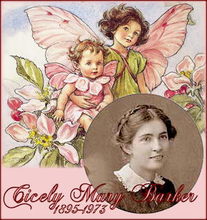 Cicely Mary Barker flower fairy illustrations with pink flowers and a black-and-white portrait of the artist