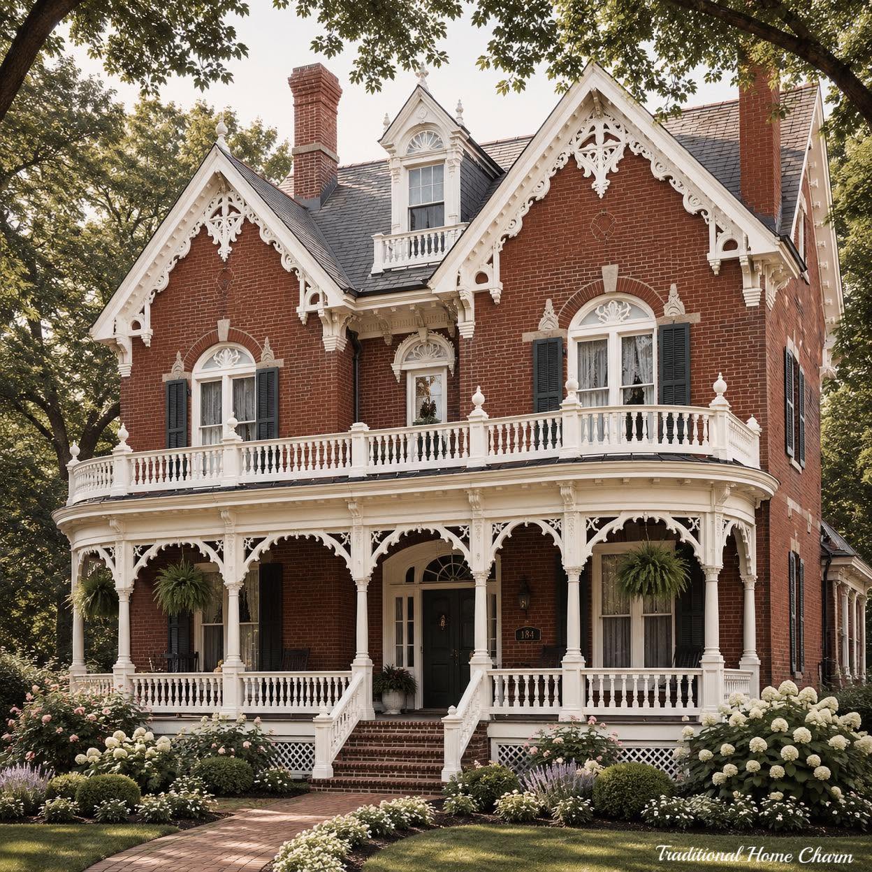 Red brick Victorian house with white gingerbread trim, wraparound porch, and flower beds
