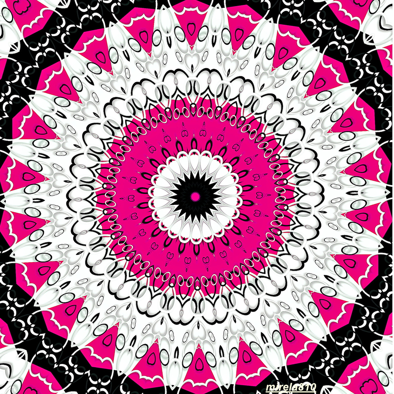 Symmetrical mandala with hot pink petals, white decorative layers, and black geometric patterns radiating from dark center