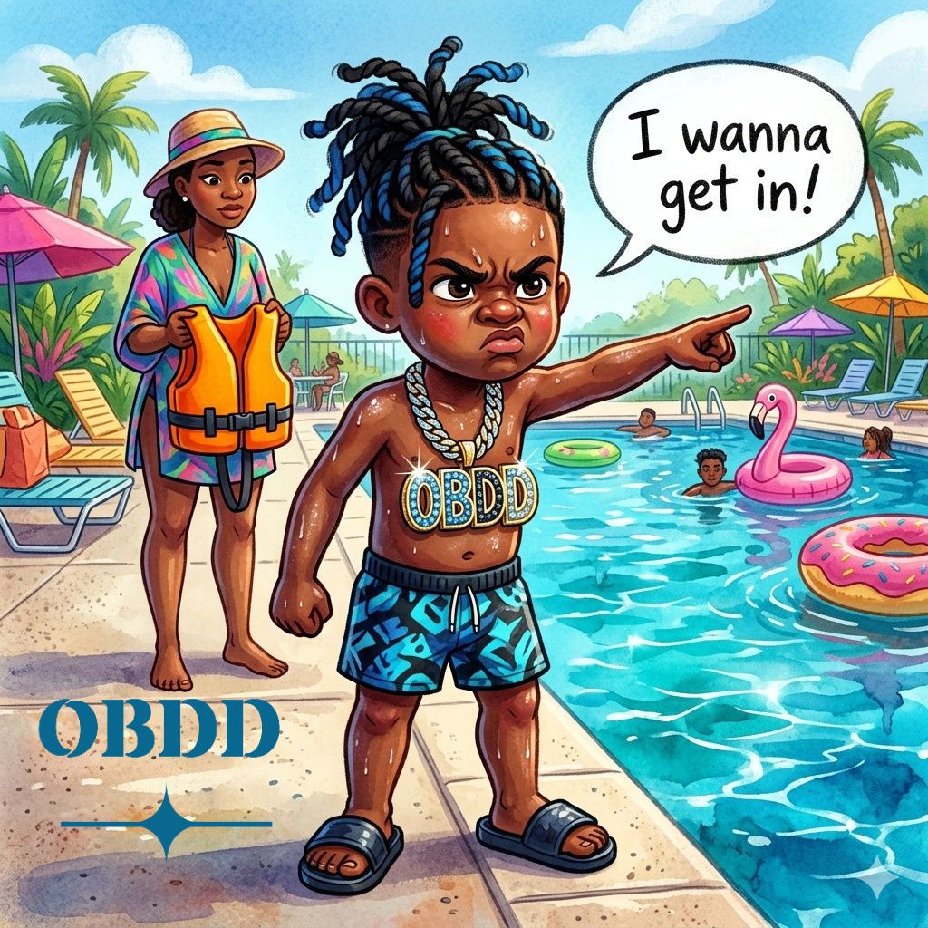 Cartoon boy in swim trunks at poolside with floats and palm trees