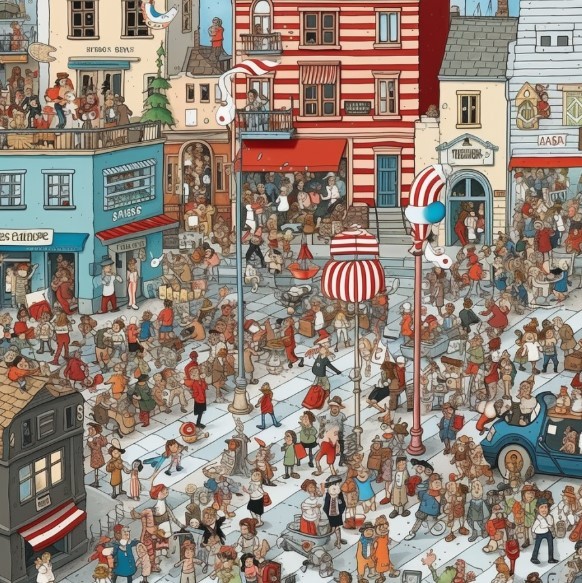 Crowded cartoon city street filled with people, shops, and colorful buildings in a detailed illustration style